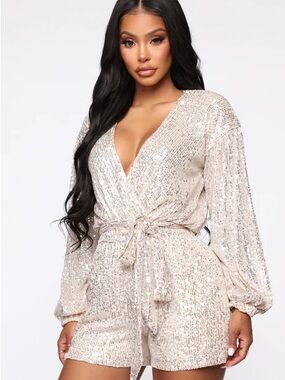 Fashion Nova Diva Sequin Wrap Romper (Champagne Silver)